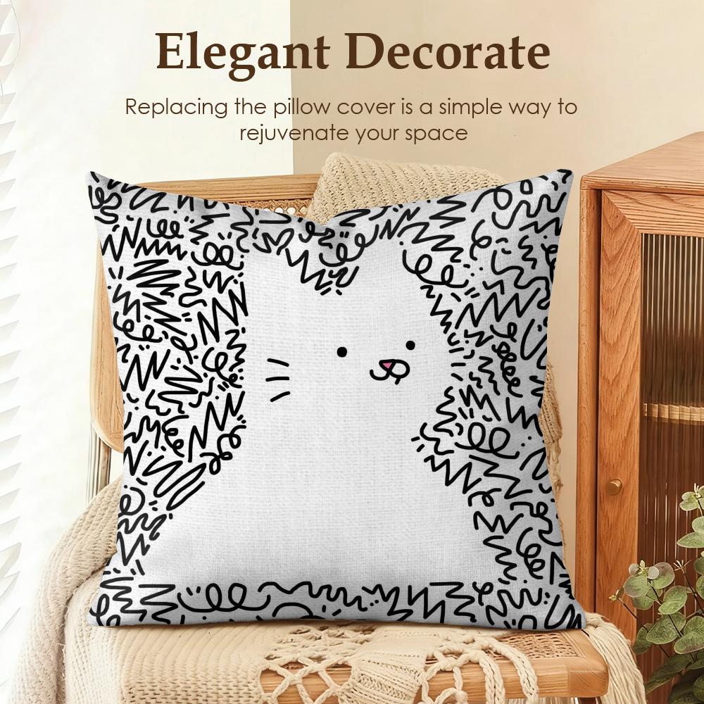 Fashion Art Line Cat Cushion Cover Natural Linen Organic Fabric DoubleSided Printing Sofa Home Decor Gift Pillow Case