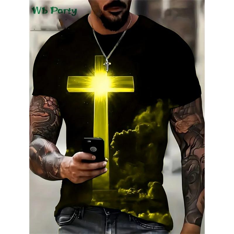 Fashion Crucifix 3D Print Mens Clothing Round Neck T-shirts for Men Casual Loose Men's Clothing Street T-shirts