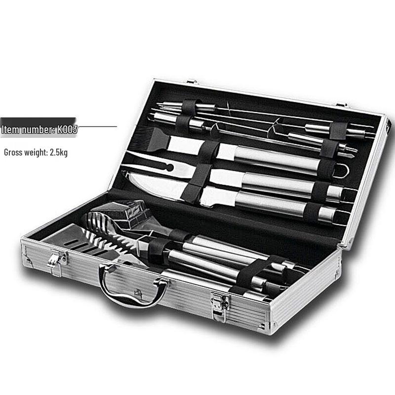 Meigo Stainless Steel BBQ Tool Set, 32 Pieces, with Portable Cloth and Aluminum Case Options, New.
