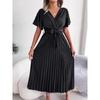 Rochie de vară pentru femei, la modă, cu decolteu în V încrucișat, cu mâneci scurte, casual, simplă, culoare uni, plisată, cu șireturi, rochii de petrecere A-line, îmbrăcăminte elegantă feminină