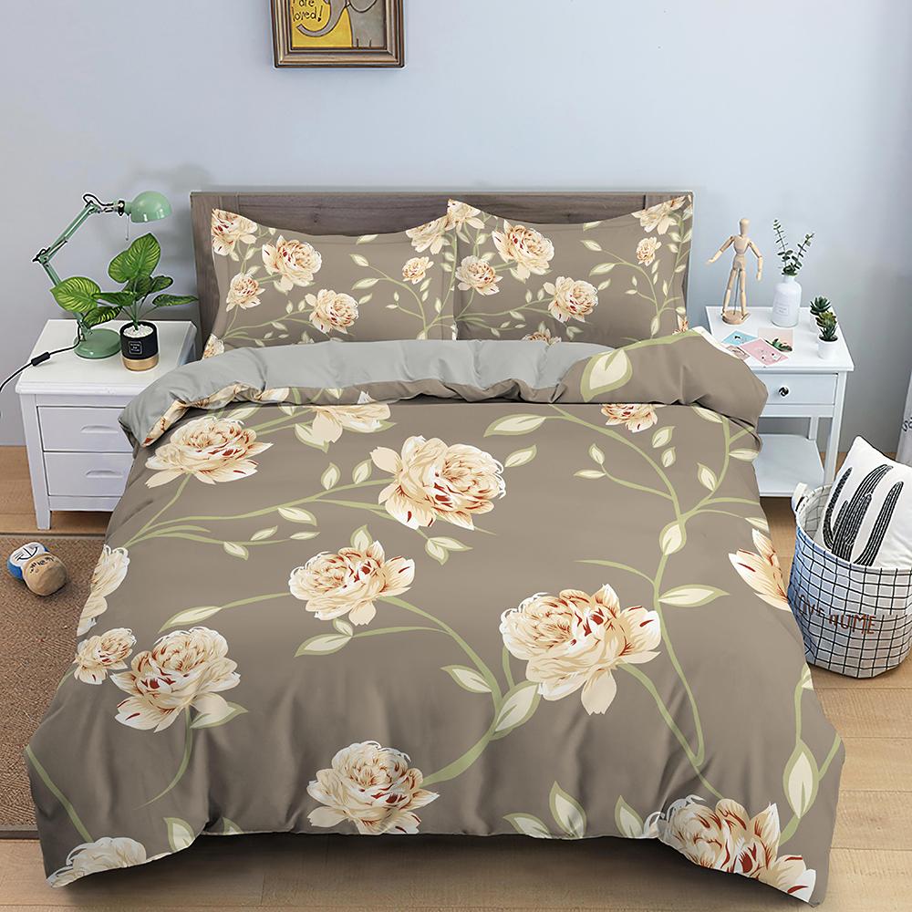 3D Bedding Set Flowers Print Duvet Cover Set with Zipper Closure Queen King Full Size Comforter Cover and Pillowcases Polyester