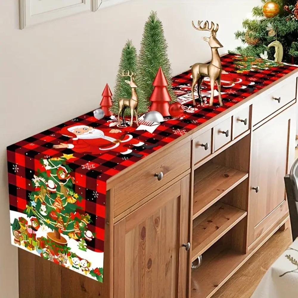 Festive Reindeer Pine Printed Table Runner Heatproof Linen Fabric Tablecloth for Home Decoration
