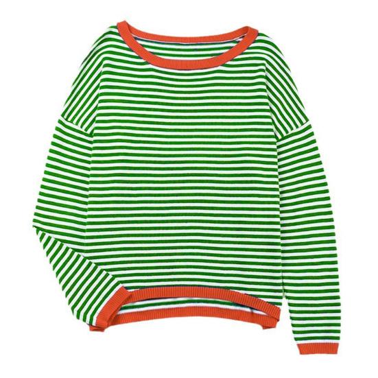 Frauen Herbst Winter Leichte Strick Pullover Rundhals Langarm Gestreiften Kontrast Farbe Beiläufige Gestrickte Pullover Tops