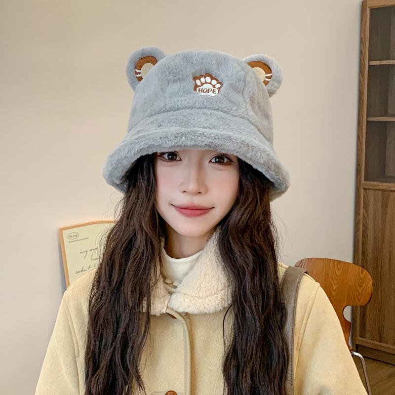 Autumn And Winter Plush Hat Female Cute Bear Ears Bucket Hat Cold Warm Basin Hat Student Versatile M（56-58cm） серый