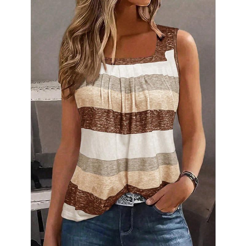 Canotta a righe senza maniche con scollo quadrato, stile estivo nuovo, taglio ampio e casual, capo superiore per donna