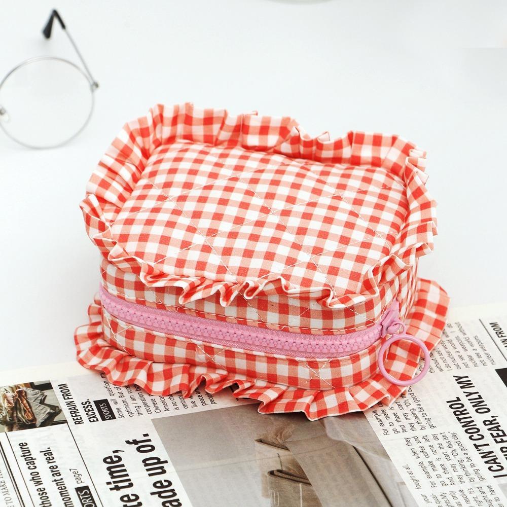 Portable Makeup Bag Quilted Design Multifunctional Makeup Brush Storage Bag Plaid Pattern with Zipper Travel Toiletry Bag