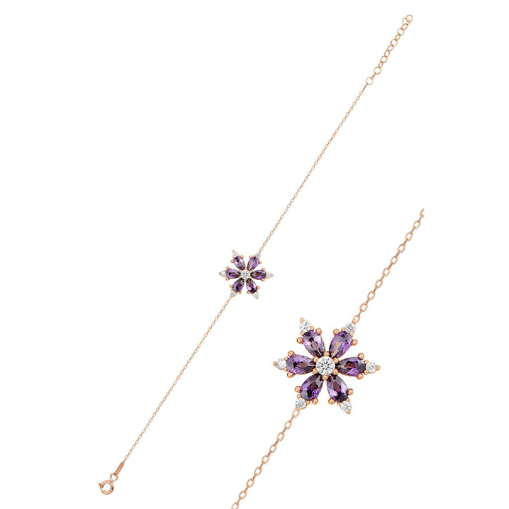 Lanț din argint 925 pentru femei, placat cu trandafiri, ametist, piatră, piatră de lotus, camelie, floare, set triplu