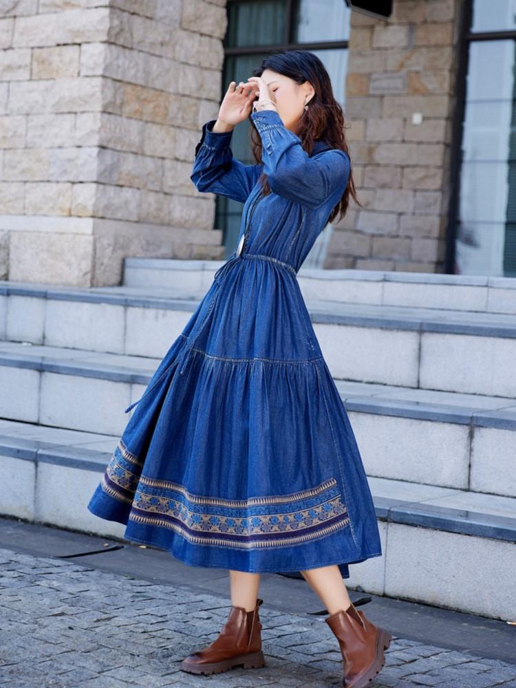 

Johnature Women Autumn Embroidery Casual Denim Dress Fashion Chinese Style Vintage Button Dresses XXL синий