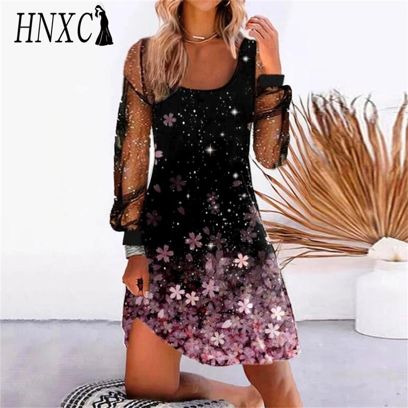 HNXC Robes décontractées à manches longues et col en U pour femmes, couleur unie, imprimé, taille haute, mode printemps-automne