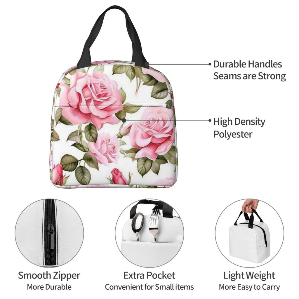 Pink Rose Watercolor Pattern Insulated Lunch Bag for Women Kids Portable Food Boxes Thermal Lunch Box Tote