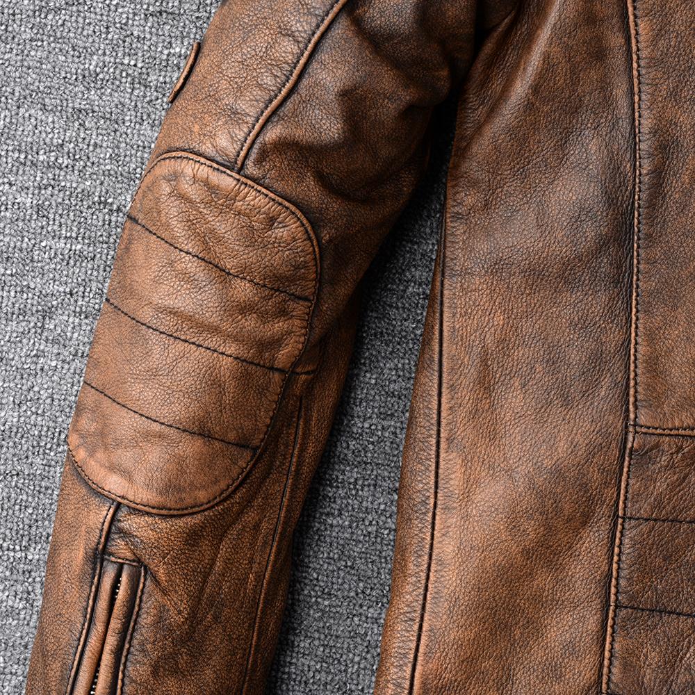 Vintage Yellow Brown Genuine Cowhide Leather Jacket Men Natural Cow Leather Jackets Soft Slim Fit Man Short Coat Autumn Clothing