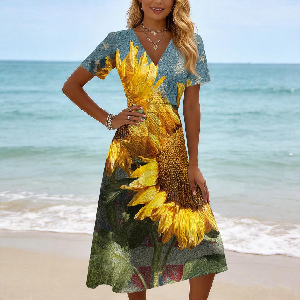 Women's Casual Fashion Independence Day Printed Short-Sleeve V-Neck Dress
