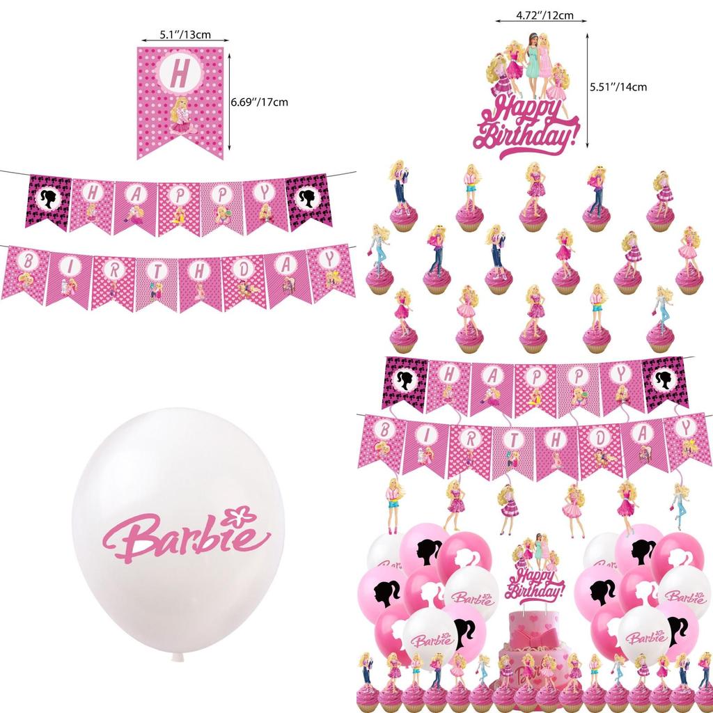 Çizgi Film Bayrakları, Lateks Balonlar ve Pasta Süsleri ile Barbie Bebek Temalı Mor Doğum Günü Partisi Dekorasyon Seti