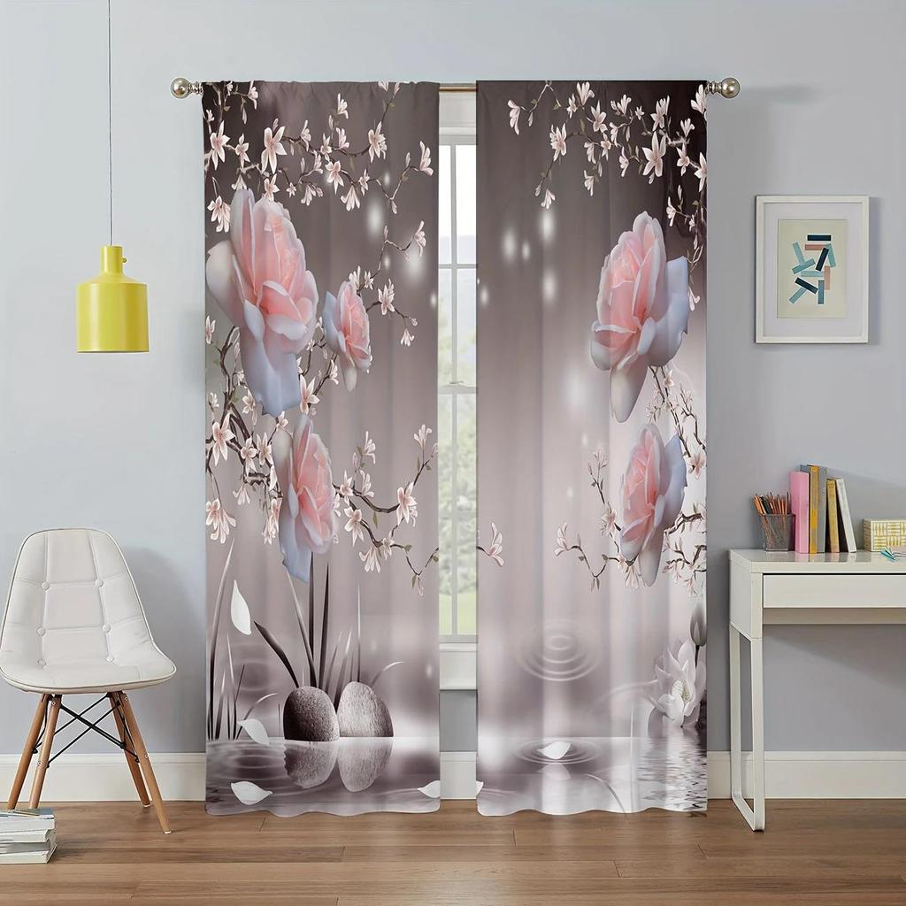 Elegant pink flowers - printed curtains, pole bag home decoration, room decoration