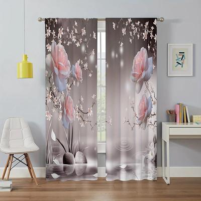 Elegant Pink Flowers - Printed Curtains, Pole Bag Home Decoration, Room Decoration