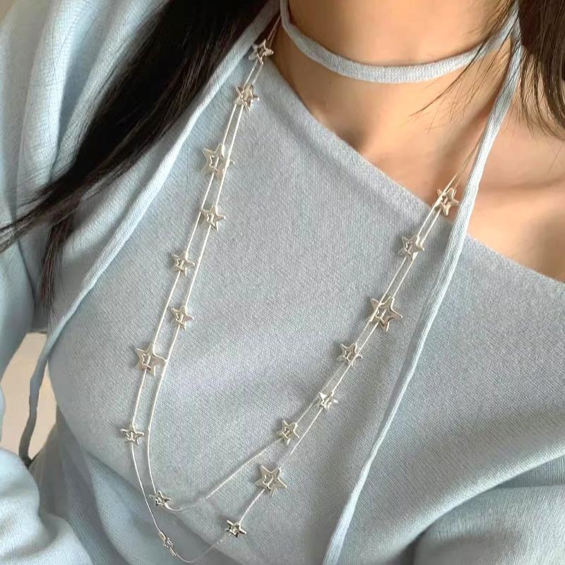 Korean Y2K Pentagram Five Star Pendant Necklace Silver Color Punk Long Chain Necklace Double Layer Y2K Jewelry Neck Chain Choker