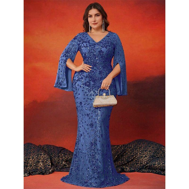 Novo Vestido de Noite Europeu e Americano Plus Size para Mulheres, Elegante Vestido Longo para Banquetes, Vestido Maxi Plus Size