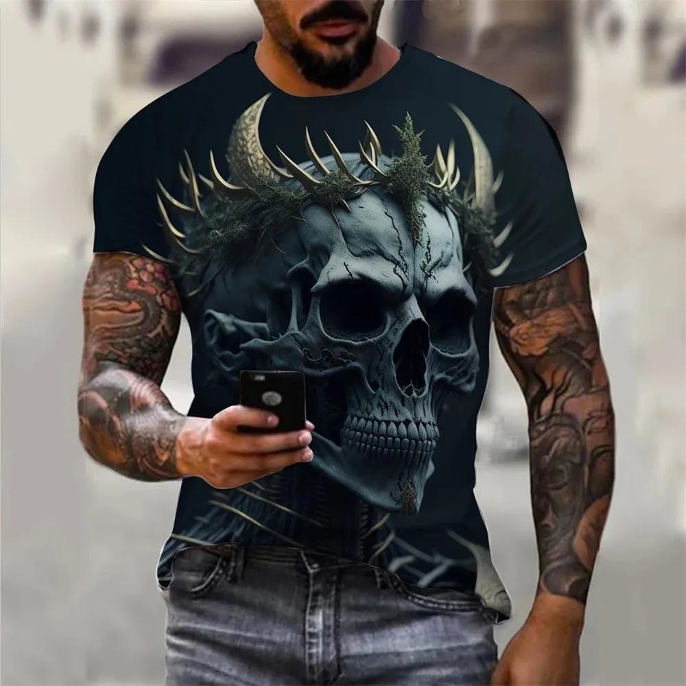 Men's Summer Skull Print T-Shirt Soft Breathable Round Neck Outdoor Street Style Casual Graphic Tee Comfort Top