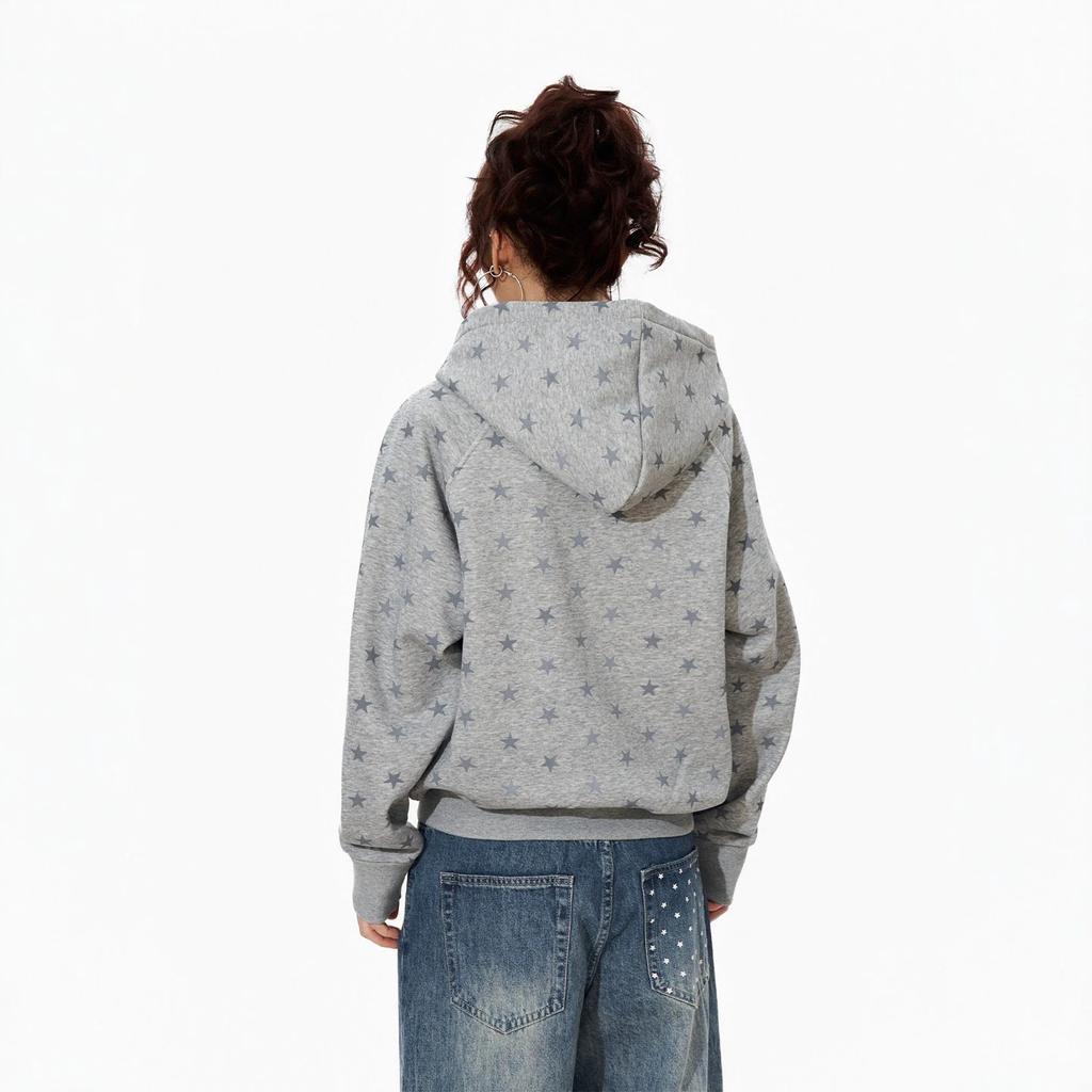 Grey Star-printed Hooded Cardigan Sweater Men's and Women's Autumn Loose and Versatile Design Zipper Casual Jacket