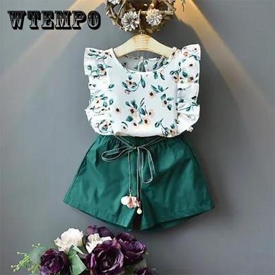 2PCS Children Clothing Set Spring Summer Girls Suits Printing Short Ruffles Sleeve Tops + Pants Clothing Set