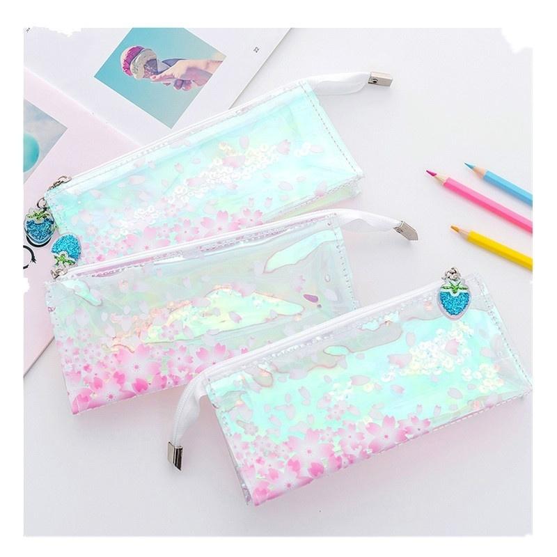 Kawaii Stift Rosa Laser Hülle Transparent Sakura PVC Geschenk Schulsi-Etui Stiftebeutel Zubehör Schreibwaren Kosmetik Reisehalter