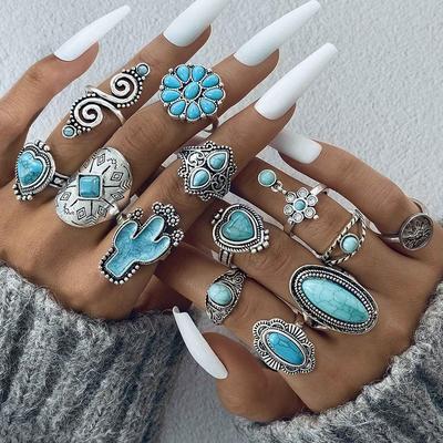Cross Border Bohemian Style Imitation Turquoise Cross Lightning Ring Women's Jewelry Ethnic Style Geometric Carved Ring Set