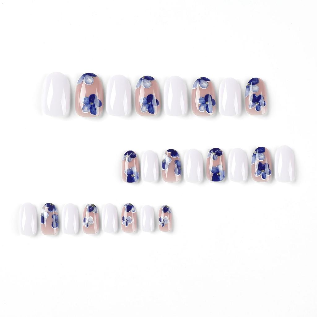 Wearable nail sticker blue smudged flower gold stamen wearing nail short fake nail summer nail piece