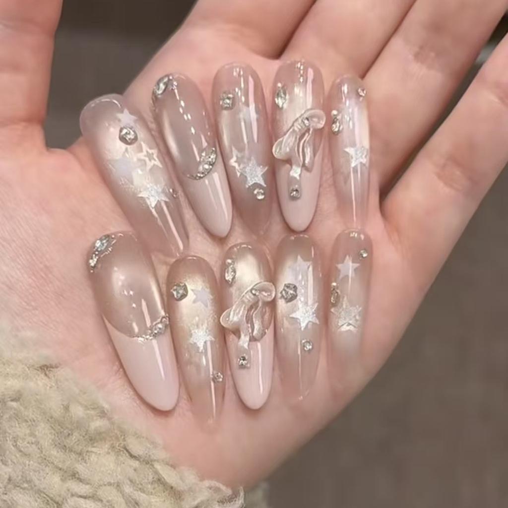 24pcs Mid-length Ballet Bear Bow Nail Tips Stick on Full Cover Cute Cat's Eye Fake Nails with Star Pattern Detachable Fake Nails