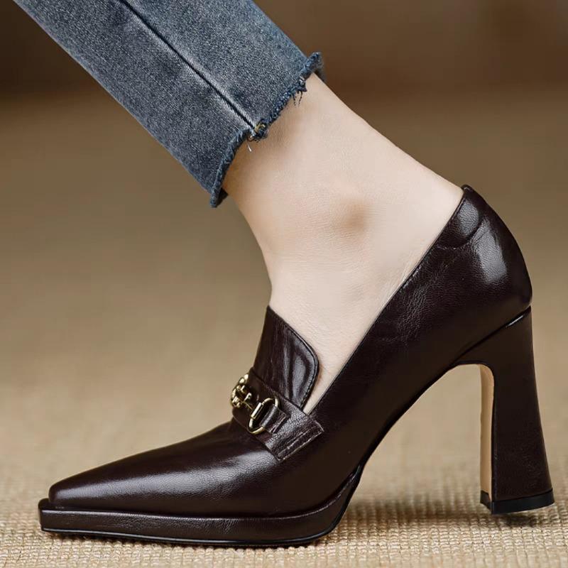 Fashion High Heels Womens Spring New British Retro Thick Heel Pointed Professional Women Shoes Soft Leather Platform High Heel Pumps