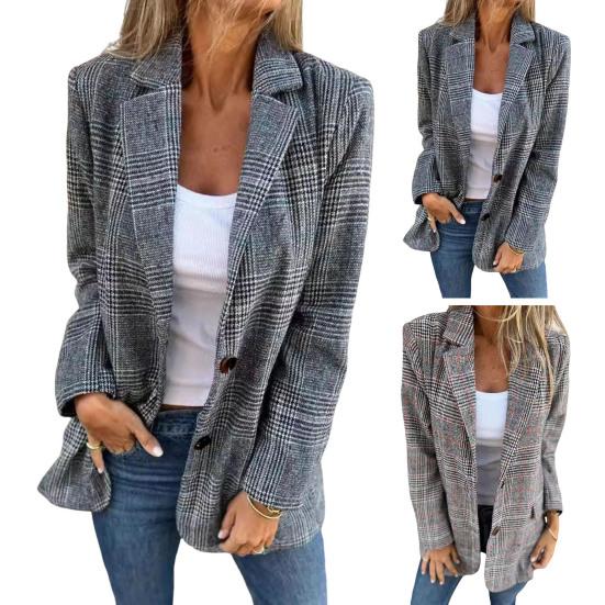 Women Fall Winter Plaid Jacket Button Closure Lapel Collar Mid-Length