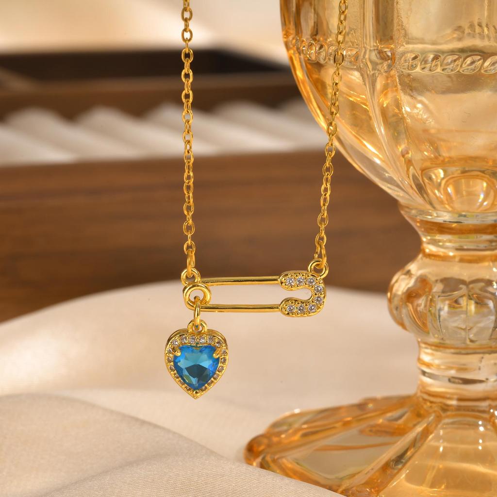 Fashion Heart Zircon Paper Clip Necklace for Women,Gold Color Stainless Steel Flat Rolo Chain Necklaces,Chic Jewelry Gifts