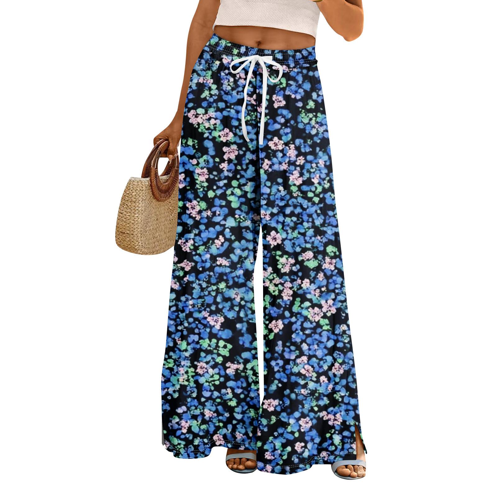 

Женские летние брюки-палаццо в стиле бохо с высокой талией, широкие повседневные брюки с цветочным принтом и карманами L