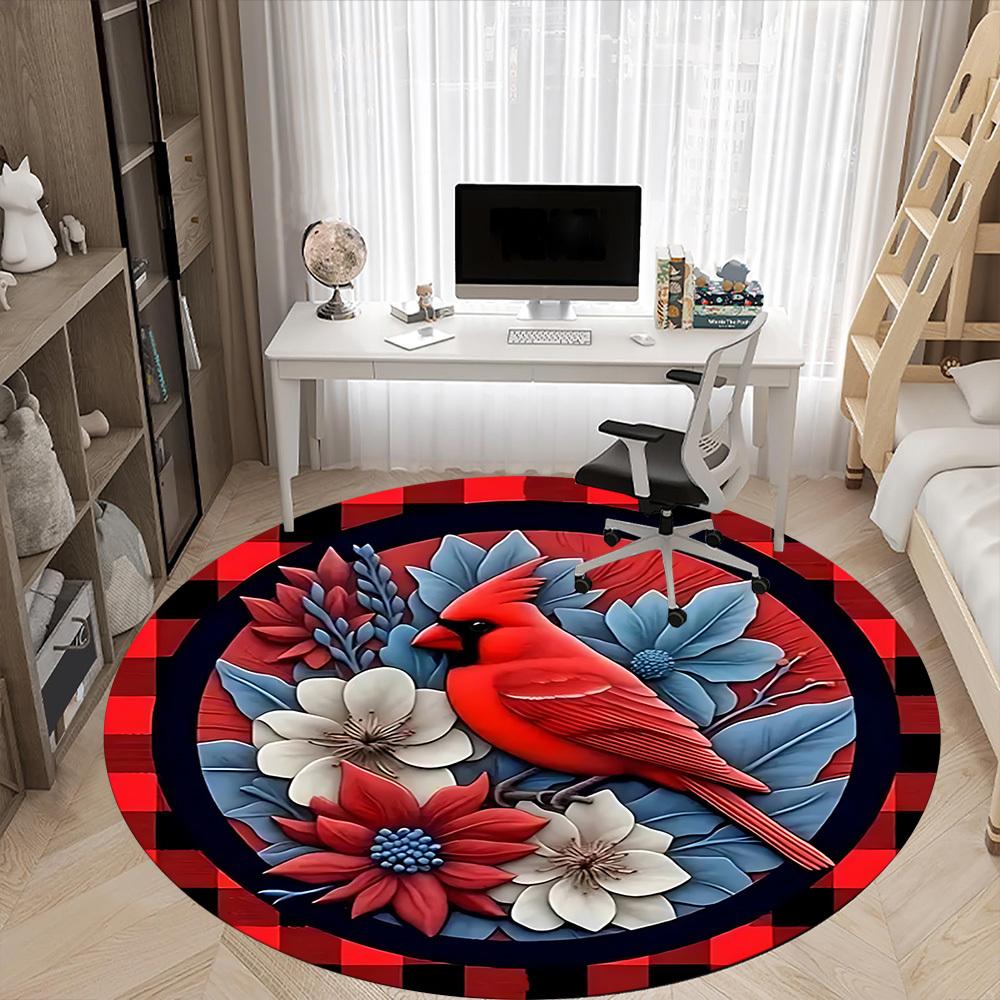 1pc Red Cardinal Bird Carpet for Office Non-Slip, Round Carpet, Soft & Comfortable, Carpet for Office, Lightweight Round Floor Mat