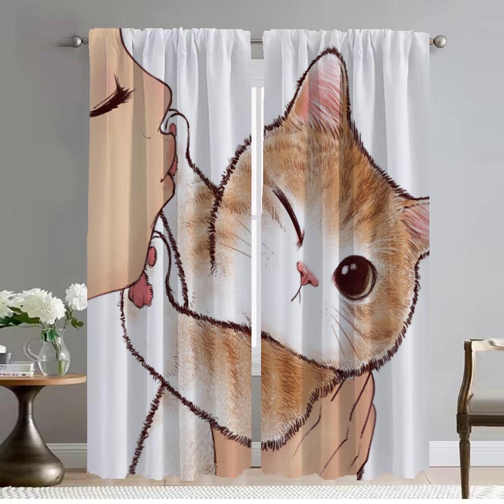 Cat Tulle for Bedroom Anti-mosquito Curtains 2 Pieces Blackout Curtain for Room 2 Panel Halloween Decoration Partition Shades