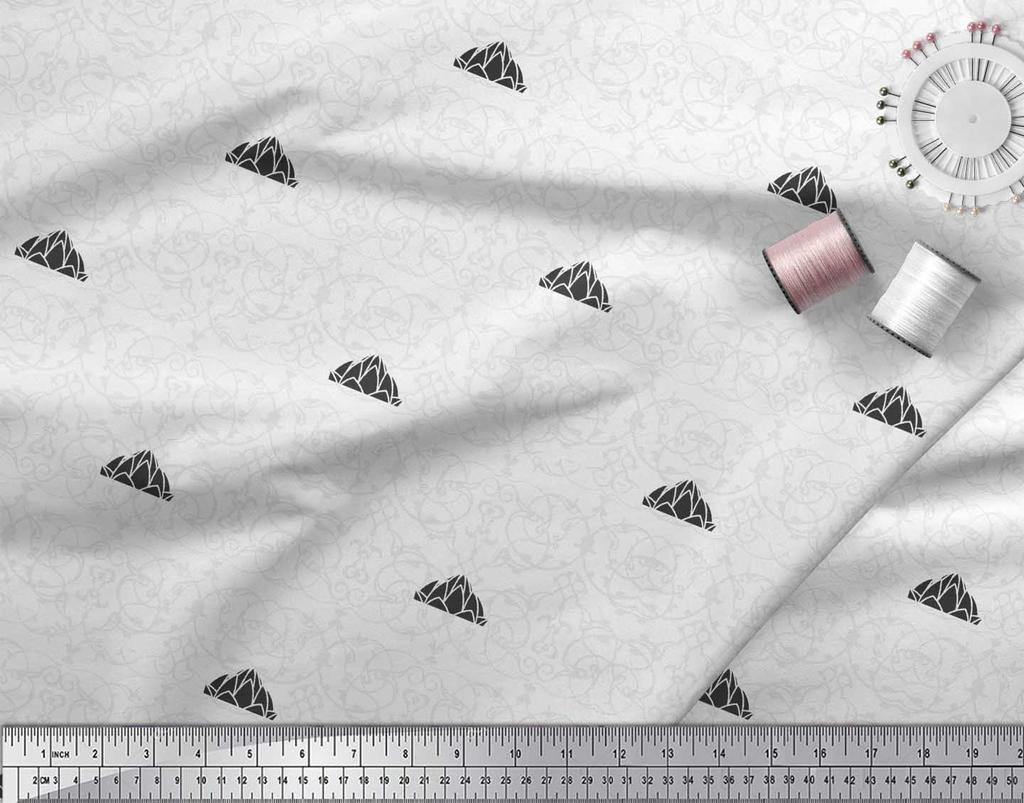 Soimoi Black Japan Crepe Satin Fabric Damask & Lotus Temple Architectural Print Fabric by the Metre 42 Inch