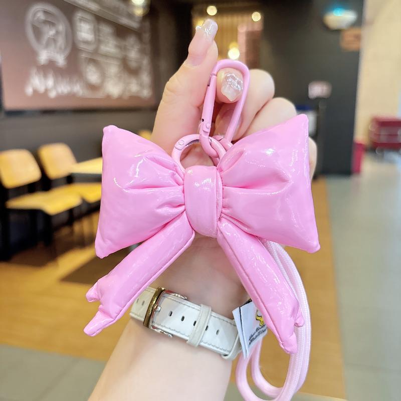 Y2K Trendy Candy Color Leather Cotton Filled Bow Keychain Sweet Bowknot Keyring Bag Pendant Backpack Hanging Decoration