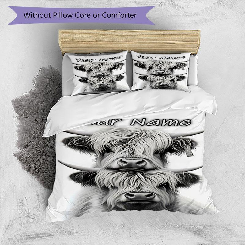 3PC Custom Name Highland Cattle Portrait Bedding Set Printed Bedding Set Duvet Cover Closure Includes 1 Duvet Cover & 2 Pillowcases for All Seasons Be