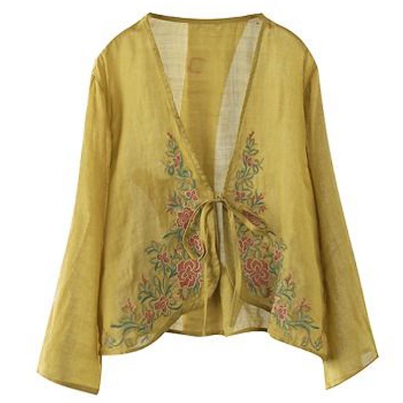 Women's 2024 Spring/Autumn Cotton Linen Retro Embroidered Blouse - Sunscreen Shawl Dress Shirt with Lace-Up Detailing.