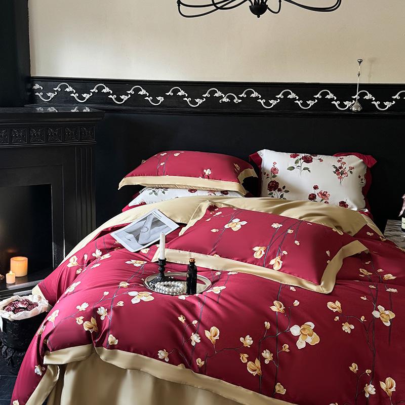 100-Piece Light Luxury Long-Staple Cotton Reactive Print 4-Piece Bedding Set with Wide-Edge Bed Sheet & Duvet Cover