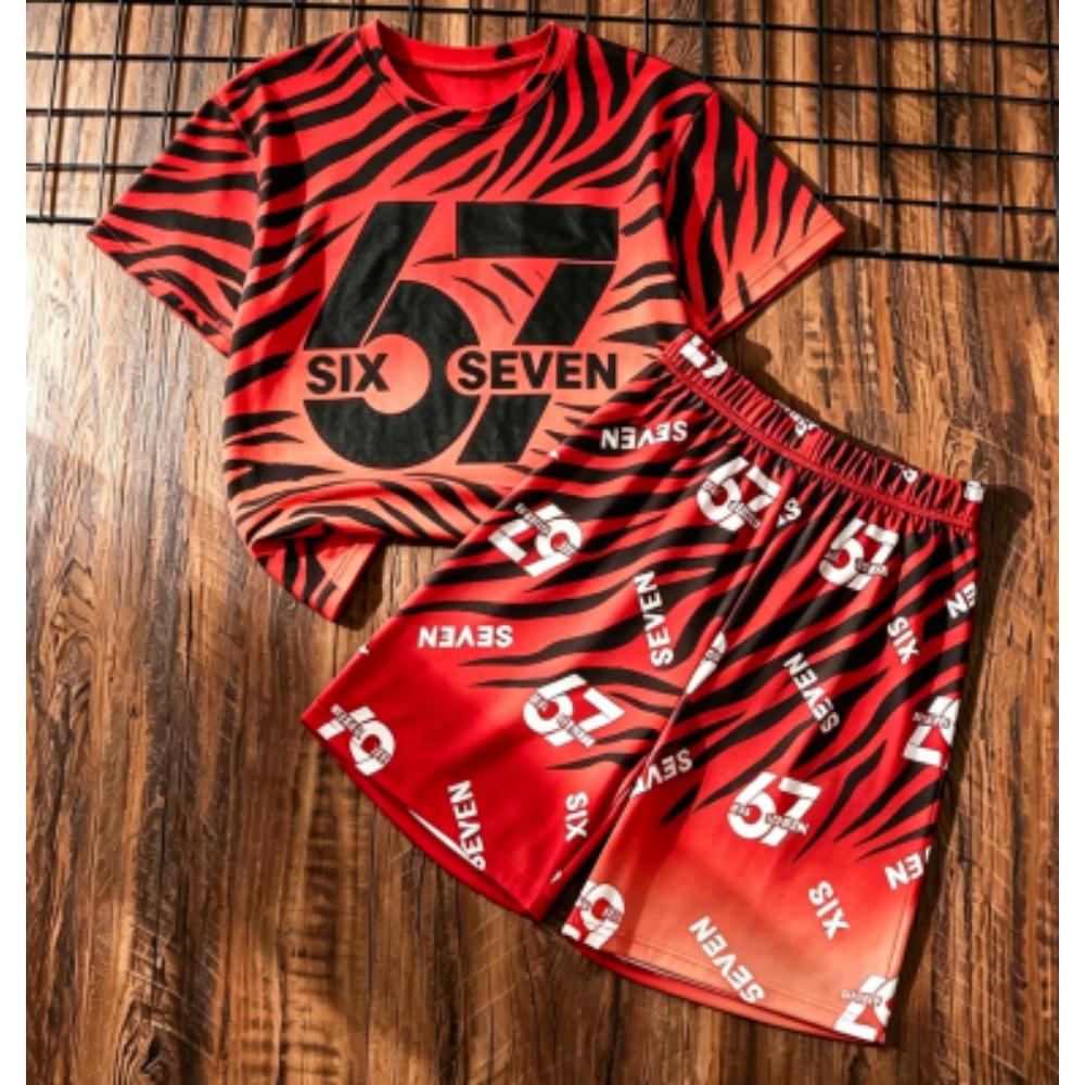 

Kids Set Stripe 67 Number Printed Kids T-shirt and Shorts 2 Piece Set Summer Street Casual Outdoor Boy s and Girl s T-shirt Sets 100