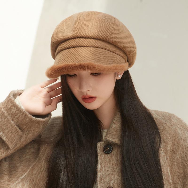 Autumn and Winter Hats for Women with High End Thick Plush Edge Octagonal Hat Solid Color Versatile Baseball Cap Warm Newspaper Baby Hat