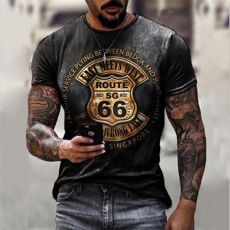 

New summer MENS T Large shirt, loose clothes, Vintage, short -sleeved, American fashion, route 66 characters, print o collared tshirt 6XL