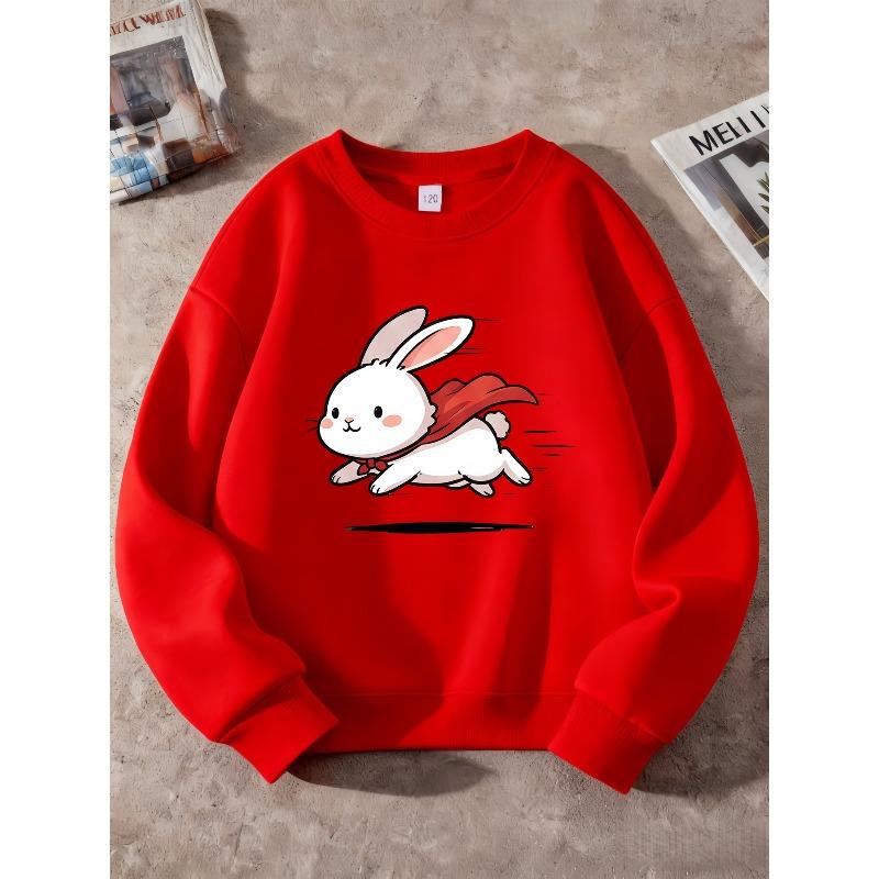 Kids Unisex Crewneck Sweatshirt, Cute Flying Super Bunny Red Cape Cartoon Print Long Sleeve Pullover, Soft Sweatshirt for Boys Girls Over 4 Years Old