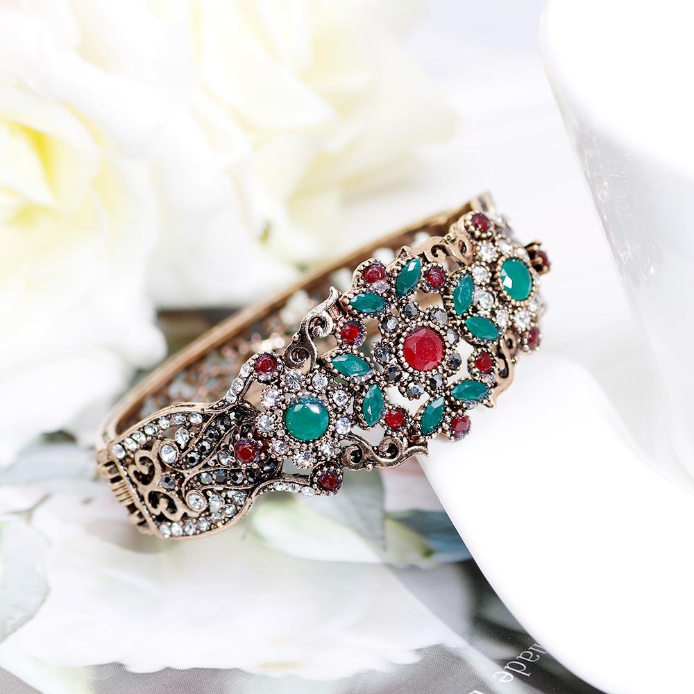 Sunspicems Chic Turkish Bangle Cuff Bracelet for Women Antique Gold Color Rhinestone Flower Bracelet Arab Bride Wedding Jewelry