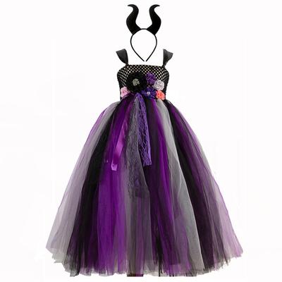 Mädchen Hexe Lila Kleid mit Kopfbedeckung Tüll Ballkleid Kinder Blume Tutu Kleider Kinder Halloween Cosplay Partei Kostüm