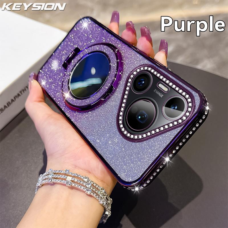 

KEYSION Блестящий магнитный чехол с драгоценными камнями для телефона Huawei Pura 70 Pro, чехол-подставка с зеркалом для макияжа, противоударная крышка для Huawei Pura 70 for Huawei Pura 70 фиолетовый