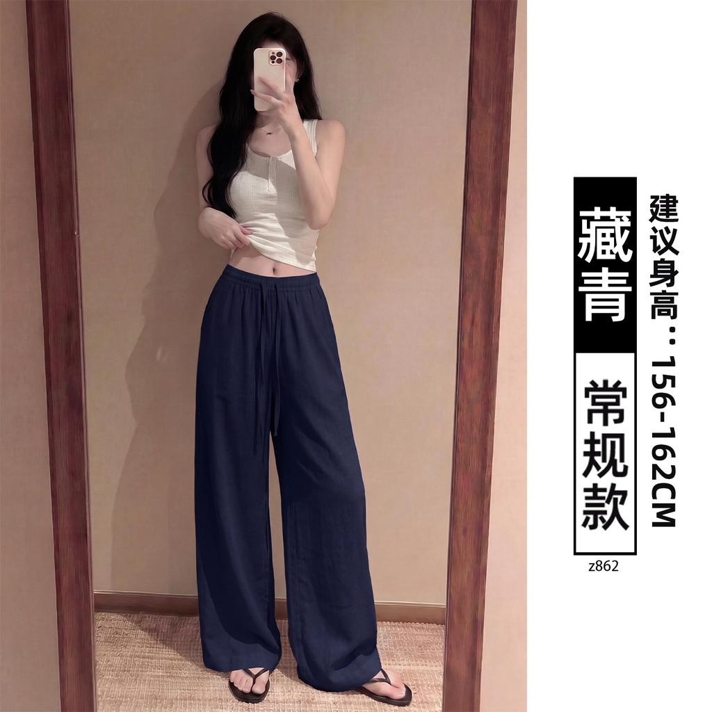 Women Linen Blend Wide Leg Pants High Waist Loose Summer Trousers
