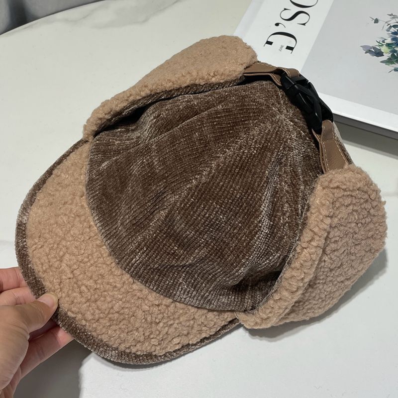 

2025 Japanese Corduroy Trapper Hat - Minimalist Solid Color Winter Ear Flaps Faux Shearling Thermal Cycling Cap Women M 56-58cm
