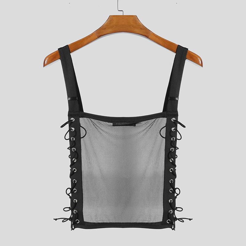 INCERUN Men Strap Sleeveless Mesh Sheer Patchwork Bandage Slim Cropped Tank Tops