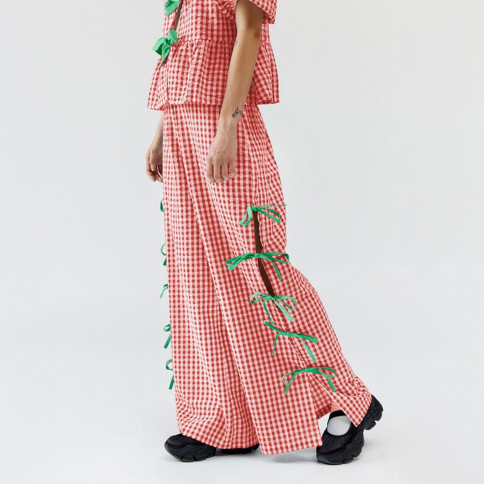 

Женские клетчатые брюки Модные клетчатые брюки с тонким поясом и разрезом XL красный